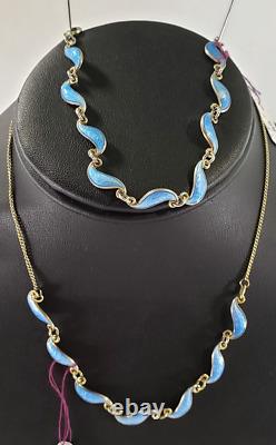Vintage Denmark. 925 Sterling Blue Enamel Leaf Necklace & Bracelet Set DS29