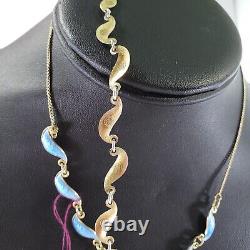 Vintage Denmark. 925 Sterling Blue Enamel Leaf Necklace & Bracelet Set DS29