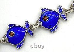 Vintage Denmark Volmer BahnerVB Sterling Silver? Blue Enamel Fish Bracelet 6.1/2