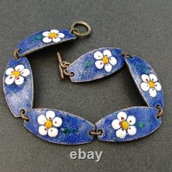 Vintage Dutch Enamel Bracelet Blue Floral Lynx Links by Rolf Neyman Holland Art