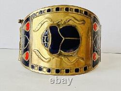 Vintage EGYPTIAN REVIVAL Brass BLUE RED Enamel King Tut Scarab Cuff Bracelet