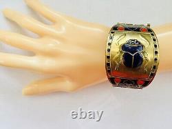 Vintage EGYPTIAN REVIVAL Brass BLUE RED Enamel King Tut Scarab Cuff Bracelet