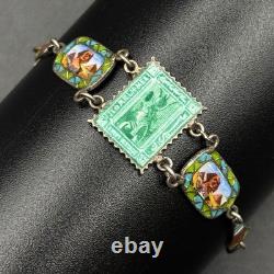 Vintage Egyptian Revival Panel Bracelet Silver Enamel Sphinx Ankh 6.5