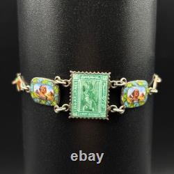 Vintage Egyptian Revival Panel Bracelet Silver Enamel Sphinx Ankh 6.5