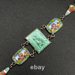 Vintage Egyptian Revival Panel Bracelet Silver Enamel Sphinx Ankh 6.5