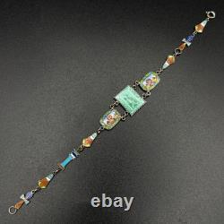 Vintage Egyptian Revival Panel Bracelet Silver Enamel Sphinx Ankh 6.5