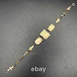 Vintage Egyptian Revival Panel Bracelet Silver Enamel Sphinx Ankh 6.5