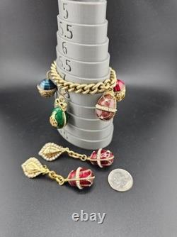 Vintage Enamel Egg Charm Bracelet Earrings Set 0109
