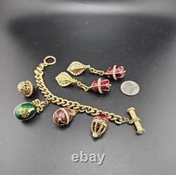 Vintage Enamel Egg Charm Bracelet Earrings Set 0109