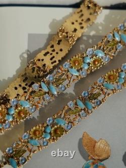 Vintage Enamel Floral Necklace & Bracelet Set Blue Green Gold Tone Garden Design
