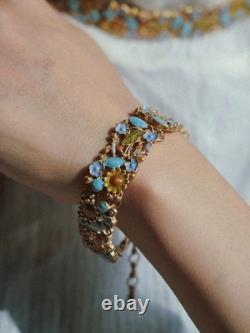 Vintage Enamel Floral Necklace & Bracelet Set Blue Green Gold Tone Garden Design