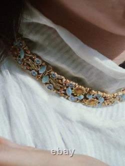 Vintage Enamel Floral Necklace & Bracelet Set Blue Green Gold Tone Garden Design