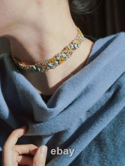Vintage Enamel Floral Necklace & Bracelet Set Blue Green Gold Tone Garden Design