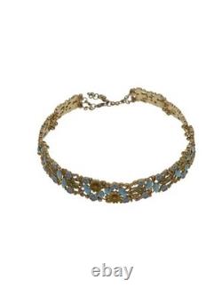 Vintage Enamel Floral Necklace & Bracelet Set Blue Green Gold Tone Garden Design