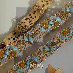 Vintage Enamel Floral Necklace & Bracelet Set Blue Green Gold Tone Garden Design