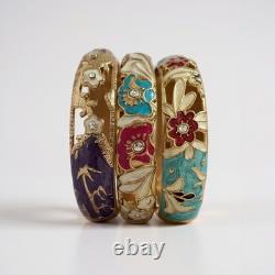 Vintage Enamel Floral Rhinestone Hinged Bangle Lot Boho Retro Statement