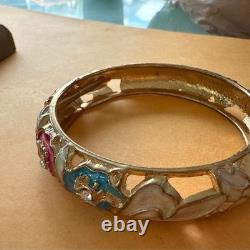 Vintage Enamel Floral Rhinestone Hinged Bangle Lot Boho Retro Statement