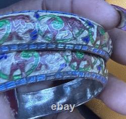 Vintage Enamel elephants on sterling silver bangle bracelet READ