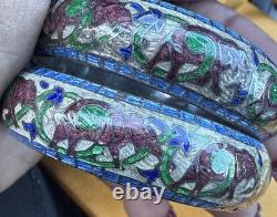 Vintage Enamel elephants on sterling silver bangle bracelet READ
