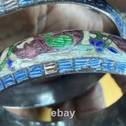 Vintage Enamel elephants on sterling silver bangle bracelet READ