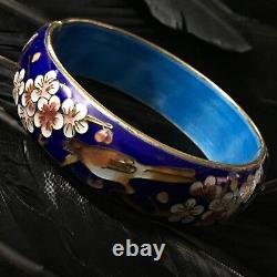 Vintage Estate Blue Cloisonné Bird Cherry Blossom Hinged Bangle Bracelet 7.5