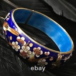 Vintage Estate Blue Cloisonné Bird Cherry Blossom Hinged Bangle Bracelet 7.5