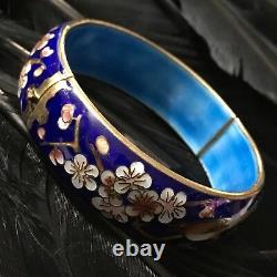 Vintage Estate Blue Cloisonné Bird Cherry Blossom Hinged Bangle Bracelet 7.5