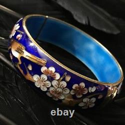 Vintage Estate Blue Cloisonné Bird Cherry Blossom Hinged Bangle Bracelet 7.5