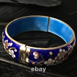 Vintage Estate Blue Cloisonné Bird Cherry Blossom Hinged Bangle Bracelet 7.5