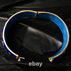 Vintage Estate Blue Cloisonné Bird Cherry Blossom Hinged Bangle Bracelet 7.5