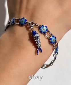 Vintage Export Chinese Bracelet Blue Enamels Women's Jewelry Sterling Silver 925