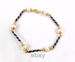 Vintage Fabor 18K Cobalt Blue Enamel Swirl and Akoya Pearl Gemstone Bracelet
