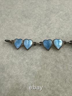 Vintage Finn Jensen Norway Sterling Silver Blue Enamel Double Heart Bracelet