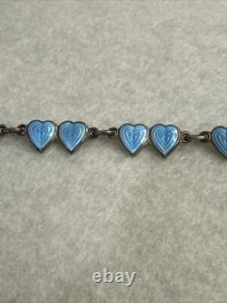Vintage Finn Jensen Norway Sterling Silver Blue Enamel Double Heart Bracelet