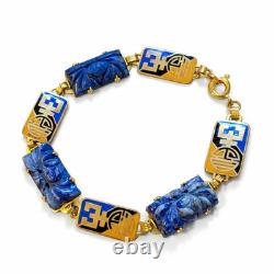 Vintage German Art Bracelet Blue Enamel Carved Stone Gold Tone Mid Century