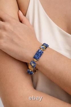 Vintage German Art Bracelet Blue Enamel Carved Stone Gold Tone Mid Century