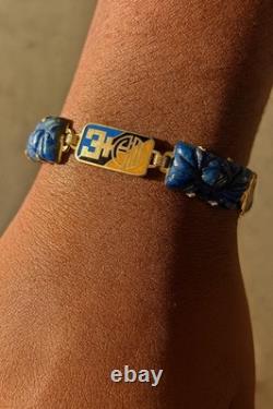 Vintage German Art Bracelet Blue Enamel Carved Stone Gold Tone Mid Century