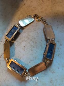 Vintage German Art Bracelet Blue Enamel Carved Stone Gold Tone Mid Century