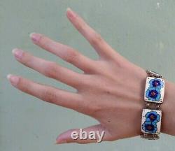 Vintage German Kunstgewerbe Blue White Red Enamel Flowers Link Bracelet