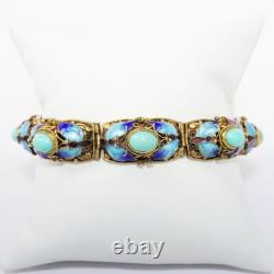 Vintage Gilt Chinese Export Silver, Turquoise & Cloisonné Enamel Bracelet