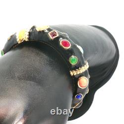 Vintage Gold Tone Black Enamel Bracelet Multicolor Gemstone Ornate Design