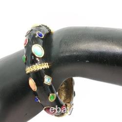 Vintage Gold Tone Black Enamel Bracelet Multicolor Gemstone Ornate Design