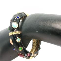 Vintage Gold Tone Black Enamel Bracelet Multicolor Gemstone Ornate Design