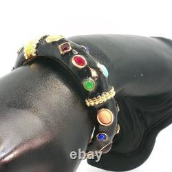 Vintage Gold Tone Black Enamel Bracelet Multicolor Gemstone Ornate Design