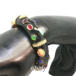 Vintage Gold Tone Black Enamel Bracelet Multicolor Gemstone Ornate Design