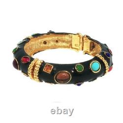Vintage Gold Tone Black Enamel Bracelet Multicolor Gemstone Ornate Design