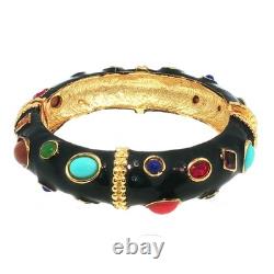Vintage Gold Tone Black Enamel Bracelet Multicolor Gemstone Ornate Design