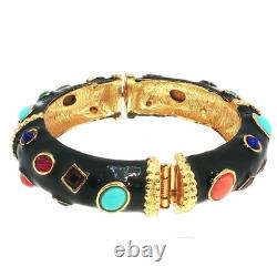 Vintage Gold Tone Black Enamel Bracelet Multicolor Gemstone Ornate Design