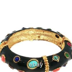 Vintage Gold Tone Black Enamel Bracelet Multicolor Gemstone Ornate Design