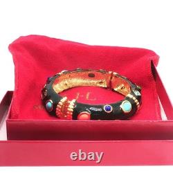 Vintage Gold Tone Black Enamel Bracelet Multicolor Gemstone Ornate Design